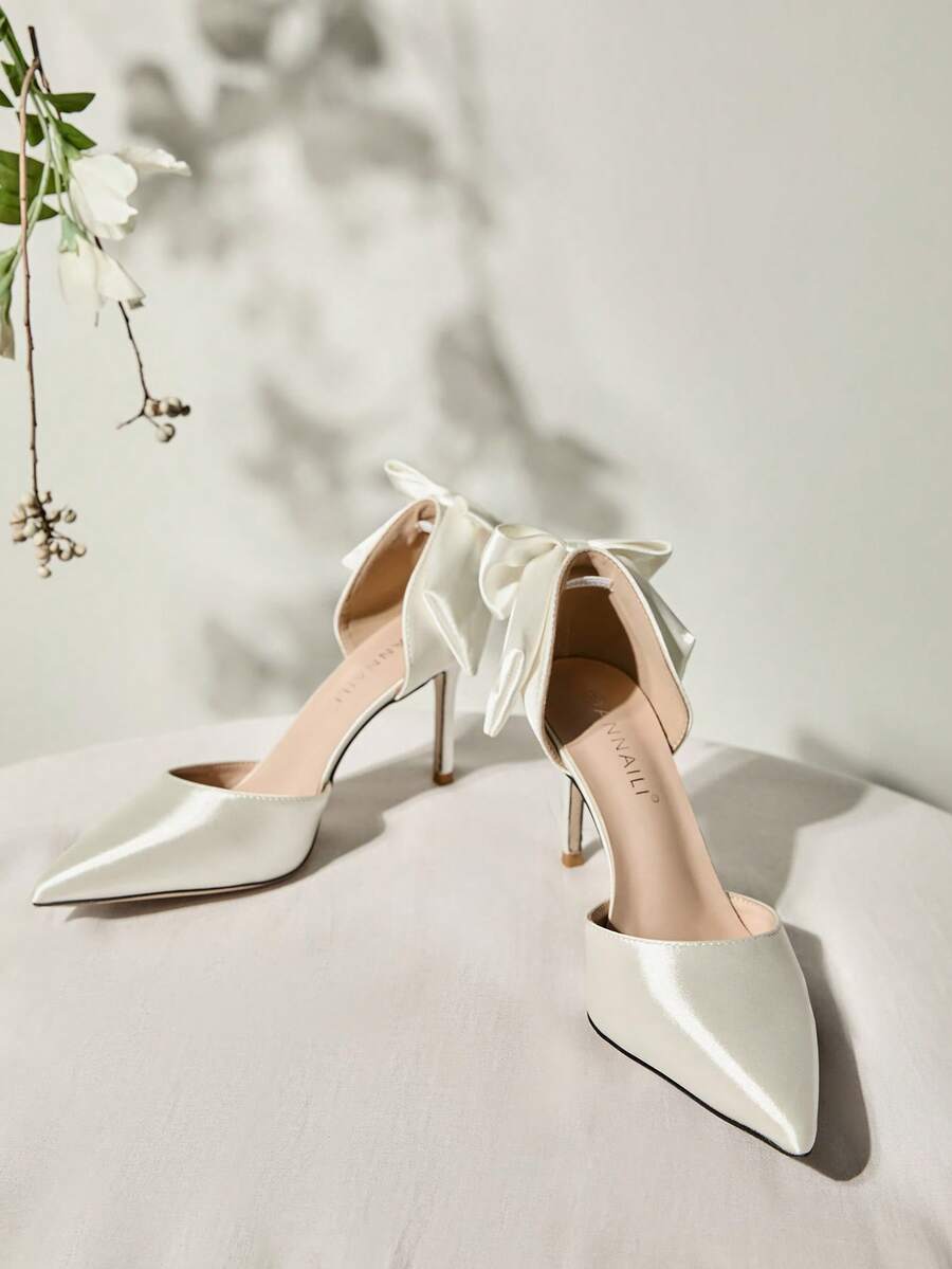 女士婚鞋，白色缎面蝴蝶结高跟鞋，细跟，镂空凉鞋，正式/新娘鞋，圣诞节冬季圣诞礼物