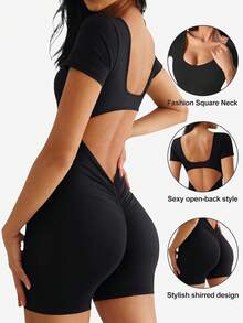 Women's Solid Color Open Back Sleeveless Romper Simple Daily Skinny Jumpsuit Versatile Short Bodycon Jumpsuit - 黑色 - 查看 1