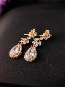 2pcs/Set Fully Rhinestone Embedded Geometric Teardrop Cubic Zirconia Dangle Earrings, Women's Formal Dress Accessories