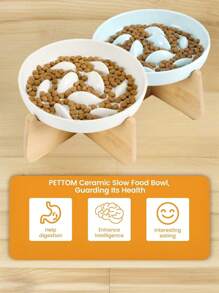Gamelle Chat Slow Feeder Bowl With Stand - Ceramic Elevated Cat Food Bowl For Dry & Wet Food, Anti-Vomiting Puzzle Feeder