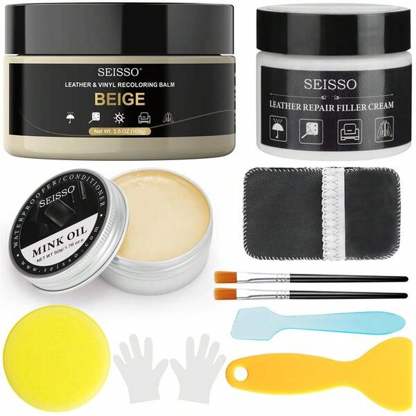 SEISSO SEISSO Leather Repair Kit For Furniture, Beige Vinyl Repair Kit With Mink Oil For Couches, Color Restorer Conditioner, Leather Recoloring Balm For Scratches, Fading Shoes, Car Seat, Sofa