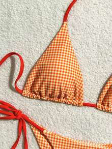 2025 女款蓝白格纹印花比基尼两件套，欧美风 - 橘色 - 查看 3