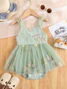 1 件女婴迷人优雅奢华淑女甜美公主花卉刺绣薄纱芭蕾舞裙带蝴蝶结装饰，适合派对、节日、生日、所有季节 - 綠色 - 查看 2