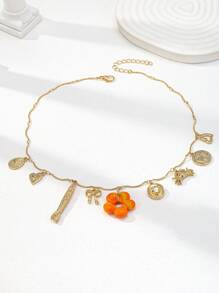 1 pieza Collar con colgante de corazón con lazo y diseño de pez, color dorado, collar con múltiples colgantes, collar de flores estilo Y2K para mujeres, regalo de joyería para mujeres, regalos para fiestas (accesorios hechos a mano, el color y la forma pueden variar ligeramente)