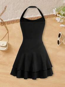 女童时尚束腰露背交叉肩带连衣裙