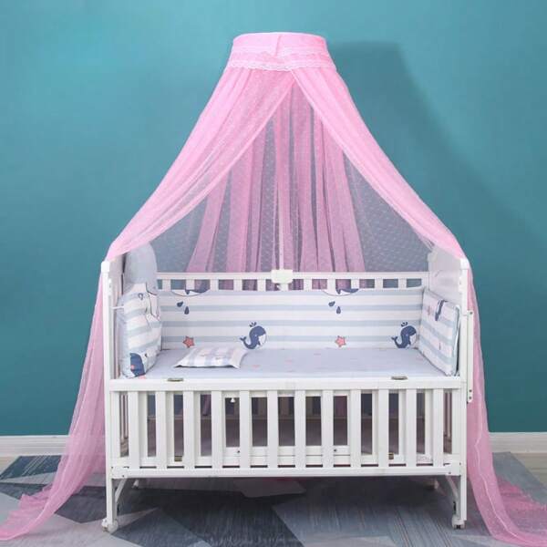 1 pezzo Zanzariera rotonda per lettino - Elegante baldacchino in poliestere con dettagli in pizzo, portatile e facile da installare per la protezione del bambino, copertura portatile per lettino | Elegante zanzariera | Tessuto in poliestere