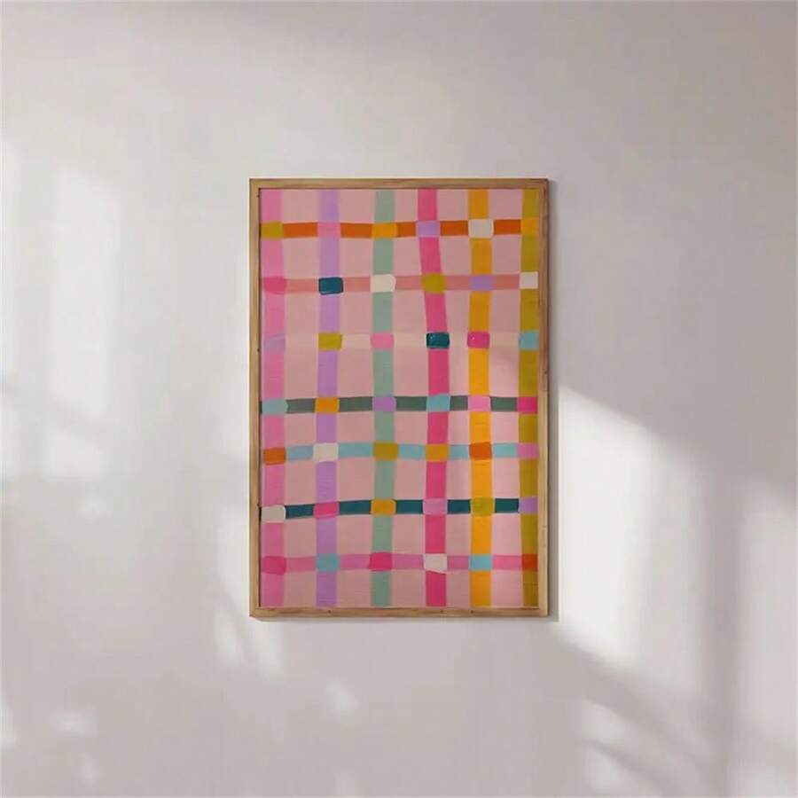 1 幅现代彩色网格墙面艺术装饰海报抽象简约主题帆布印刷时尚画作适用于客厅卧室家庭办公室宿舍装饰墙面背景设计图片可选框架 - 彩色 - 查看 1