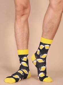 1Pair/2pairsMen Beer Pattern Crew Socks, Fall Socks - Yellow - View 2