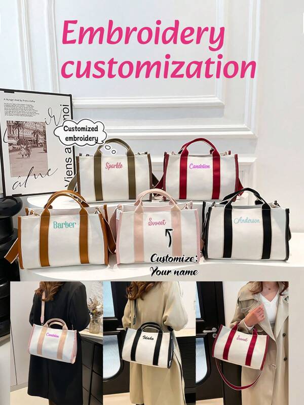 1pc Women's Personalized INS Multi-Functional Canvas Bag, Fashion Versatile Commute Shoulder Bag, Portable Multi-Pocket Storage Bag, Large Capacity Lightweight Tote Bag, Suitable For Moms, Simple Embroidered Messenger Bag, High-Quality Bridesmaid Gift, Suitable For Daily Use, Can Be Given To Family, Friends, Mothers As Mother's Day, Valentine's Day, Nurses Day, Teacher's Day, Christmas, Personalized Birthday Gift,School Supplies,Back To School,School Gift,For Office,For School,For Classroom,For Teacher Gifts,For University,For Colleague,For Dorm Rooms,For Teacher,For Boys And Girls,For Teenagers,Junior High School Students,Middle School Students,High School Senior High School Students,College Students,University Students,Freshman,Sophomore,Underclassmen