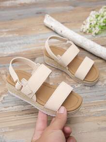 1 pereche de sandale bej pentru adolescente și fete tinere (alergătoare mari), sandale de plajă la modă cu vârf pătrat și talpă groasă, pantofi de vară confortabili și ușori pentru copii, potriviți pentru școală și purtare zilnică