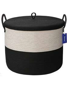 115L Extra Large Blanket Basket With Lid,Blanket Storage For Living Room,Large Woven Storage Basket,Laundry Basket Rope Basket Round,Wicker Basket With Lid,Black 21" X 21" X 18" - Black - View 9