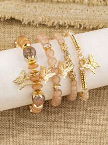 4pcs/Set Bohemian Elegant Delicate Butterfly Charm Beaded Bracelet Set, Suitable For Women's Daily Decoration