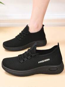 Women's Breathable Casual Shoes, Non-Slip Soft Bottom Comfortable Black Work Shoes, Flat Knitted Solid Color Round Toe Athletic Sneakers, All Season Shoes - Black and White - View 6