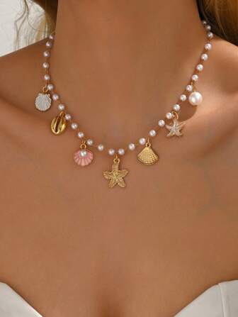 1pc Women's Gold Starfish Shell Faux Pearl Necklace Bohemian Bead Shell Collar Necklace Beach Hawaiian Holiday Mermaid Accessories Jewelry Suitable For Summer Beach Vacation Matching