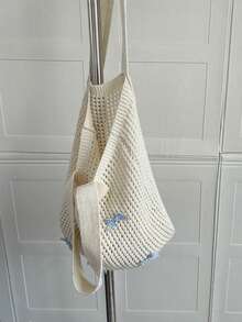Yogodlns 新款夏季女士复古手工针织肩带手提包，女士针织镂空钩编大容量手提包，假日风 - 米色 - 查看 6