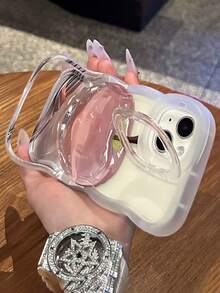 Cute Crystal Apple Wave Edge Lens Bracket Phone Case Compatible With IPhone 16 15 14 Plus 13 12 Pro Max 11 Clear Kickstand Protection Soft TPU Back Cover - Crystal Apple - View 3