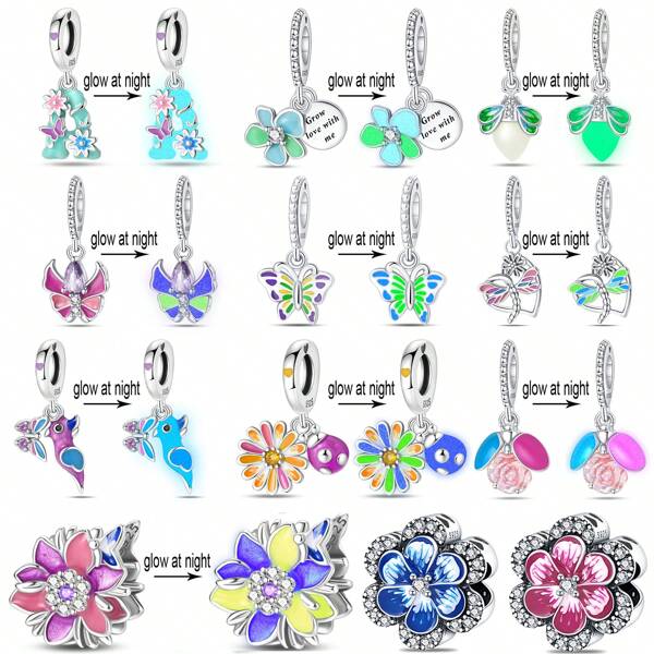 1 pièce Pendentif en argent sterling 925 avec pierre scintillante lumineuse et colorée en forme de papillon, fleur, oiseau, libellule, luciole brillant dans le noir. Convient pour la fabrication de bracelet et bijou pour femme.