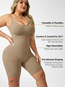 Plus Size Women's Adjustable Shoulder Straps Sculpting Tummy Control Butt Lift Bodysuit - Khaki - View 3