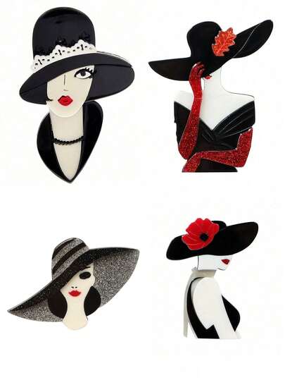 1pc Handmade Retro Modern Woman With Hat Acrylic Brooch, Vintage Cartoon Character Portrait Pins