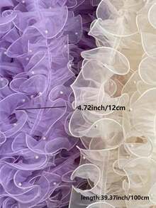 1 Roll/1M 12cm Dense Ruched Beaded Tulle Lace Ribbon, Floral Art Decoration Packaging Satin Ribbon, Shiny Pearl Scalloped Mesh Tape - Purple - View 3