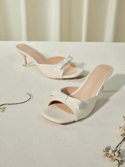 女士蝴蝶结装饰穆勒高跟凉鞋，优雅户外高跟凉鞋，情人节圣诞节冬季圣诞礼物