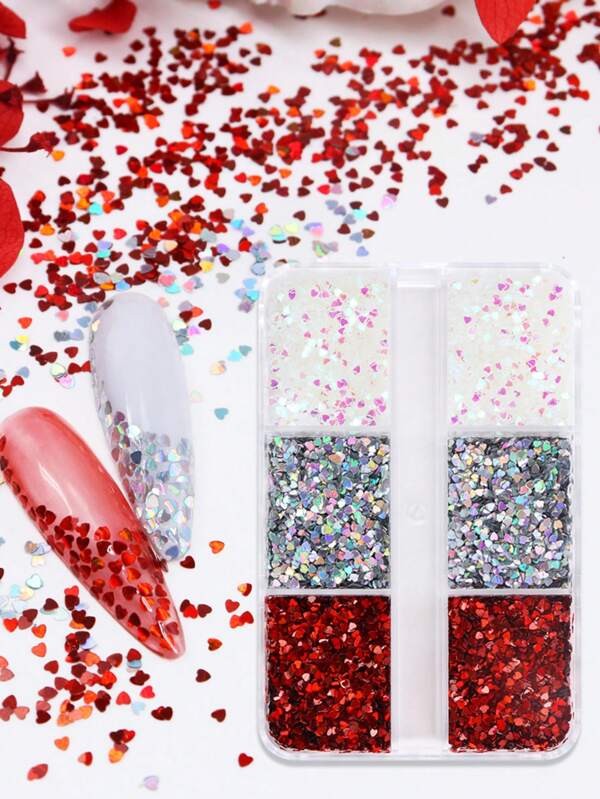 6 Grids Holographic Heart Nail Glitter Sequins Colourful Mixed Heart-Shapeed Glitter Flakes Valentine's Day Decoration For DlY Nail Supplies Accessories