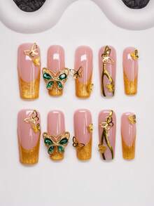 Faux ongles carrés fait main avec design papillon doré, style Y2K Baddie, couleur nude et or, 10 pièces/paquet avec 3 options de taille, idéal pour les fêtes, les mariages, le port quotidien, comprend un kit d'outils, parfait comme cadeau pour les femmes et les filles - Rose bonbon - Voir 2