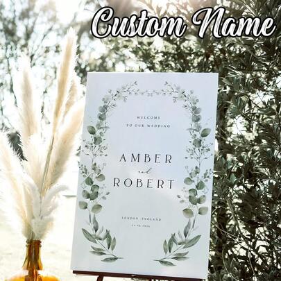 1pc- Custom Green Wedding Welcome Sign, White And Green Floral Wedding Welcome Sign, Green Welcome Template, Custom Frameless Canvas Poster - Personalized Wall Art - Personalized Retro Poster - Wedding Poster, Wedding Celebration Board Sign, Any Age, Modern Poster Printing, Fashionable Outdoor Poster Decoration, Fashionable Home Decoration Give Him A Unique Gift,Graphic Print ,Bachelorette Party Favors, Personalized Wedding Favors