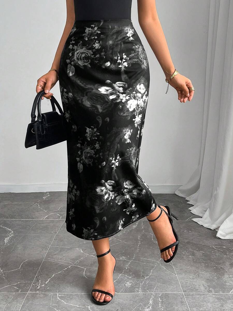 女式休闲日常花卉印花A字裙 - 白色 - 查看 1