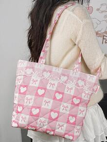 1 件大容量购物手提袋，带蕾丝装饰，可爱花朵和蝴蝶结图案单肩包，时尚绗缝设计手提包，轻便拉链手提包，女士旅行单肩包，带内袋，时尚双手柄钱包，适合购物、旅行、通勤、办公室、外出和学校，休闲购物袋，女童书包单肩包