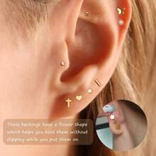 Flower Flat Back Earrings For Women, 14K Gold Cartilage Earring Tragus Helix Small Hypoallergenic Titanium Steel Screw Back Earrings CZ/Ball/Pearl/Dot/Heart/Cross/Butterfly Stud Earrings Jewelry Gift For Her
