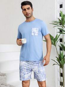 Set de pijamale casual pentru bărbați, top cu mânecă scurtă și pantaloni scurți moi și respirabili, potrivit pentru acasă și exterior, primăvară/vară