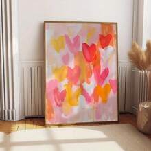 1 peça de arte de parede abstrata com corações coloridos sem moldura - impressão vibrante com tema de amor e pinceladas em tela, fundo rosa com padrões de corações vermelhos e laranja, decoração moderna para quarto, sala de estar ou escritório, decoração de coração