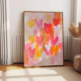 1pc Unframed Colorful Hearts Abstract Wall Art - Vibrant Brushstroke Love Theme Print On Canvas, Pink Background With Red & Orange Heart Patterns, Modern Home Decor For Bedroom, Living Room, Or Office, Heart Decor