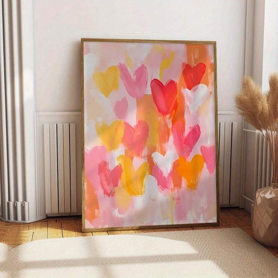1 peça de arte de parede abstrata com corações coloridos sem moldura - impressão vibrante com tema de amor e pinceladas em tela, fundo rosa com padrões de corações vermelhos e laranja, decoração moderna para quarto, sala de estar ou escritório, decoração de coração