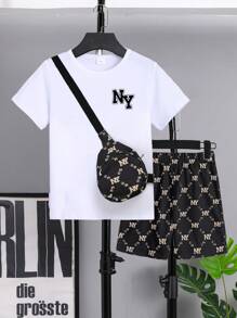 3pcs/Set Boys Summer Letter Print Casual White Short Sleeve T-Shirt + Elastic Waist Allover Print Shorts Set