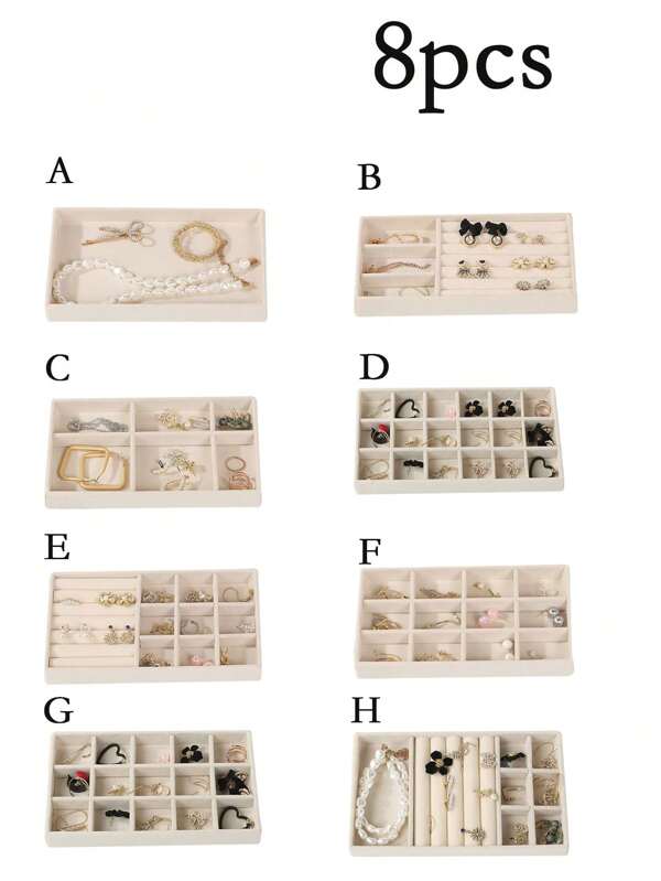 Juego de 8 piezas Bandeja para exhibición de joyería, Joyero, Organizador de cosméticos, Caja de almacenamiento y exhibición multifunción de accesorios, Bandeja organizadora de joyería apilable, Caja de almacenamiento y exhibición de joyería para escritorio, Adecuado para aretes, collares, anillos, pulseras, colgantes, lápices labiales, perlas, broches, Elegante y conveniente accesorio para dormitorio