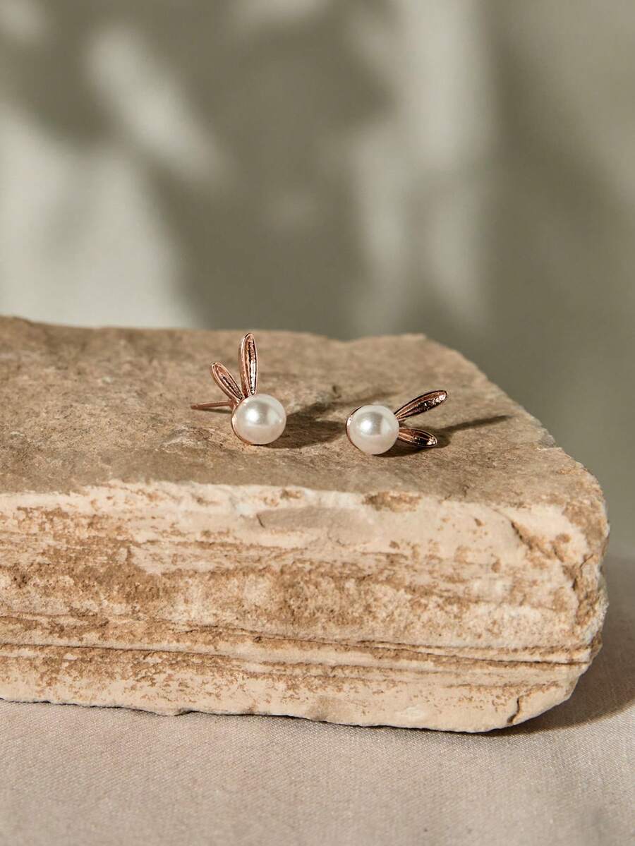 1 Pair Cute Bunny Ear Pearl Earrings, Easter Day Holiday Theme Jewelry Earrings With Rabbit Ear Design, Elegant Pearl Earrings, Perfect Easter Gift Gifts - Multicolor - View 1