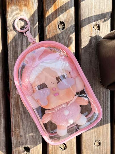 1 件带钥匙扣的趣味透明人物展示袋 - 盲盒便携盒、储物挂袋、钥匙扣袋配件、收藏品、防尘储物袋、悬挂展示盒、保护套、方便悬挂在背包上，是送给粉丝、朋友、派对礼物的理想礼物，可容纳化妆品、盲盒、小雕像、配饰（不含娃娃）