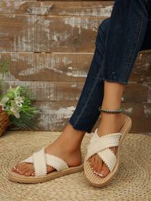 全新加大码女式舒适简约圆头交叉平底凉鞋，休闲时尚露趾沙滩度假夏季鞋 - 米色 - 查看 5