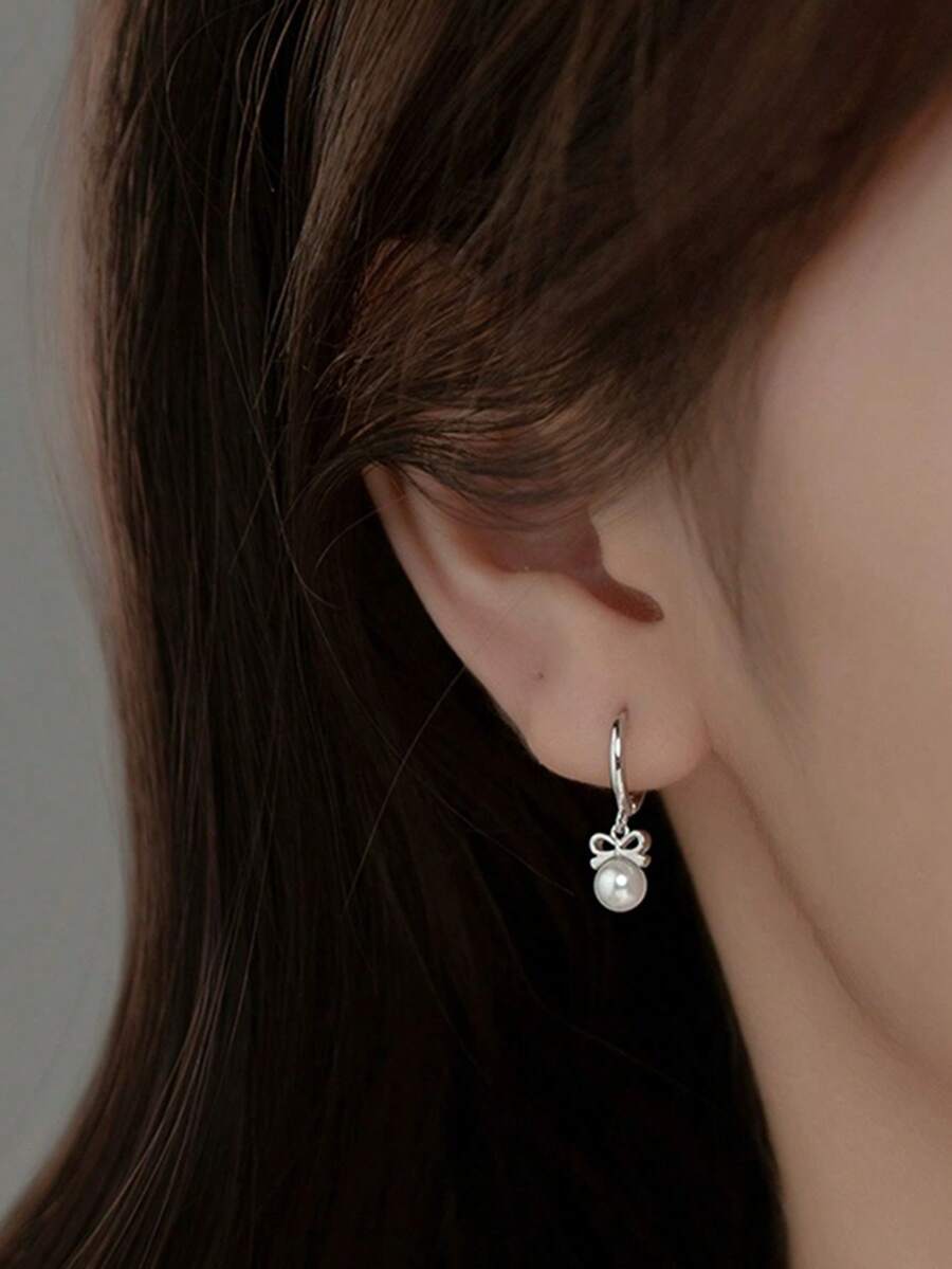 925 Sterling Silver Delicate Bow & Elegant Pearl Pendant Earrings Set, Simple & Chic, Ideal Gift For Friends And Family