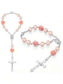 1 pieza Rosario para auto de ABS con espejo, cuentas para el espejo retrovisor, medalla de rosa, cuentas de oración católicas, decoración de interior, accesorio colgante de cruz para mujeres y hombres - Multicolor - Ver 2