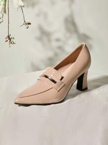 Women Minimalist Loafers, Artificial Patent Leather Point Toe Chunky Heeled Elegant Pumps