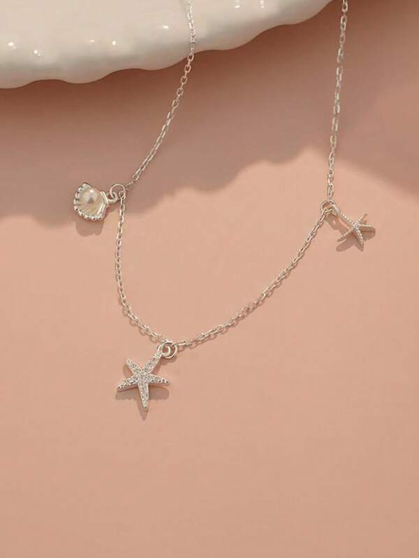قلادة من الأصداف والنجوم البحرية واللؤلؤ، مصنوعة من فضة إسترليني عيار 925، قلادة معلقة للنساء، مجوهرات فاخرة، سلسلة مرصعة بالزركونيا مناسبة للرقبة، إكسسوارات شاطئية صيفية، قلادة نسائية صيفية، مناسبة للهدايا والحفلات والعطلات والاستخدام اليومي