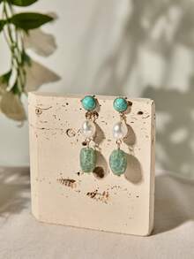 1pair Women's Fashion Bohemian Simulated Turquoise & Cracked Texture Resin Asymmetrical Faux Pearl Pendant Earrings Winter Gifts - Mint Blue - View 2