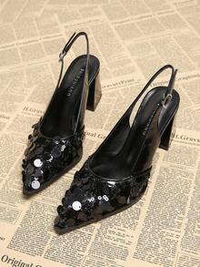 2025 Sommer neue Damen Mode Büro Lässig vielseitige Party Pailletten Dekor Performance Schuhe, Einfarbig Schwarz, Silber Farbe Offene Zehen Sandalen, Elegante Spitze Zehen Knöchelriemen High Heel Kleideranzug Schuhe, geeignet für weite Hosen & Kleider - Schwarz - Übersicht 3