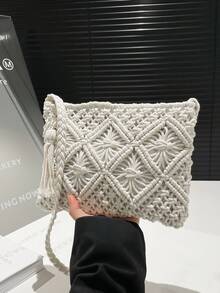 1pc Summer Straw Woven Crossbody Bag, Handmade Hollow Rhombus Retro Pattern Small Shoulder/Sling Bag, Beach Bag, Fringe Decor, Square/Envelope Style, Chic, Versatile, Vacation