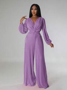 Salopetă cu decolteu în V, plisată, cu mânecă lungă și talie largă, cu pantaloni largi - Violet - Vizualizare 4