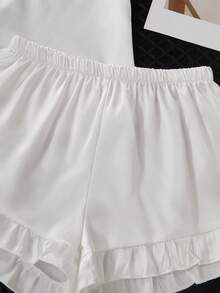 Women's Summer Satin Sleepwear Set, Short Sleeve Top And Shorts 2 Pieces Solid Color Ruffle Pocket Pajama Set - White - View 6