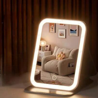 Leather Travel Makeup Mirror, Portable LED Lighted Makeup Mirror, 3-Color Dimmable Touch Control, Multi-Angle Adjustable, USB Rechargeable Tabletop Folding Vanity Mirror, Ultra-Thin & Compact, Suitable For Bedroom, Bathroom, Vanity, Office, Great Gift For Mother's Day, Women's Birthday